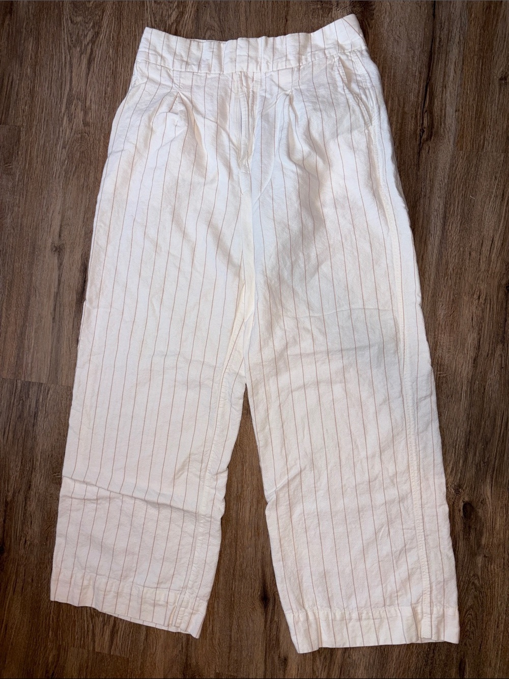 GAP White Wide-Leg Linen-Blend Pants with Thin Tan Pinstripes